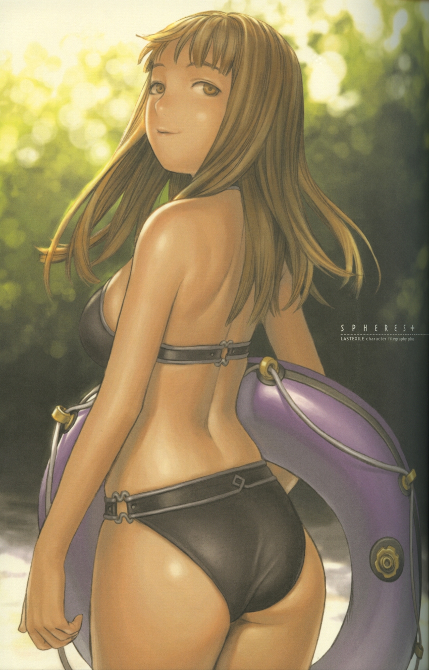 00s 1girl alister_agrew art_deco ass bikini black_bikini female_focus highres last_exile lifebuoy light_smile looking_back murata_range o-ring o-ring_bottom skindentation solo swim_ring swimsuit