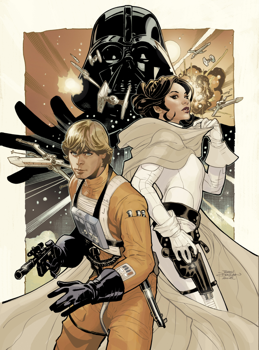 1girl 2boys black_gloves blonde_hair blue_eyes bodysuit brother_and_sister brown_eyes cloak darth_vader energy_sword explosion father_and_daughter gloves gun helmet highres holding holding_gun holding_weapon holster lightsaber looking_at_viewer luke_skywalker multiple_boys orange_bodysuit princess_leia siblings signature star_wars sword terry_dodson tie_fighter updo weapon white_bodysuit white_cloak white_gloves x-wing