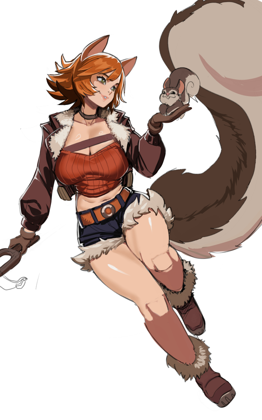 1girl absurdres animal animal_ears belt black_shorts boots breasts brown_belt brown_choker brown_footwear brown_gloves brown_jacket choker cleavage collarbone commentary english_commentary full_body fur-trimmed_boots fur-trimmed_shorts fur_trim gloves grey_eyes hair_between_eyes hand_up highres holding holding_animal jacket lapels large_breasts lips long_sleeves marvel marvel_rivals navel open_clothes open_jacket orange_hair orange_tank_top puffy_long_sleeves puffy_sleeves sho-n-d short_hair short_shorts shorts simple_background smile squirrel_ears squirrel_girl squirrel_girl_(marvel) squirrel_tail tail tank_top teeth white_background