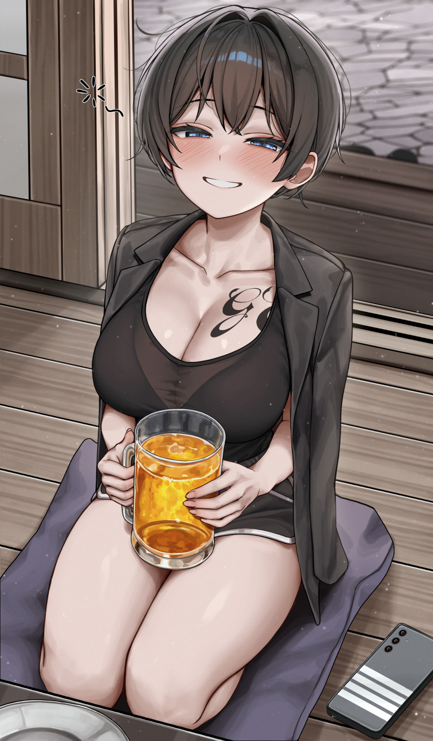 1girl absurdres alcohol beer beer_mug black_bra black_coat black_hair black_shorts blue_eyes blush bra bra_visible_through_clothes breast_tattoo cellphone coat coat_on_shoulders collarbone commentary_request cup cushion dolphin_shorts drunk gwan-e half-closed_eyes highres holding holding_cup kneeling looking_at_viewer mug open_clothes open_coat original phone see-through_clothes see-through_shirt seiza shiny_skin shirt short_hair shorts sitting sliding_doors smartphone smile solo squeans stone_floor table tattoo thighs tsukasa_karin_(gwan-e) underwear wooden_floor zabuton