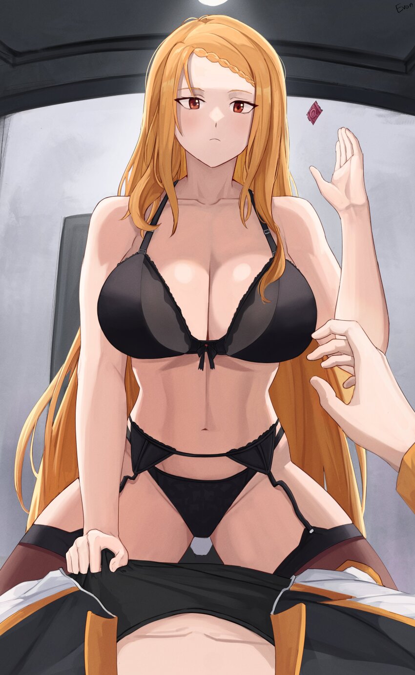 1boy 1girl absurdres akihitoevon black_bra black_garter_straps black_pants blonde_hair bra braid braided_bangs breasts brown_thighhighs cleavage closed_mouth collarbone commentary condom condom_wrapper english_commentary garter_straps girl_on_top hand_up hetero highres indoors long_hair natsuki_subaru navel pants pov priscilla_barielle re:zero_kara_hajimeru_isekai_seikatsu red_eyes thighhighs underwear