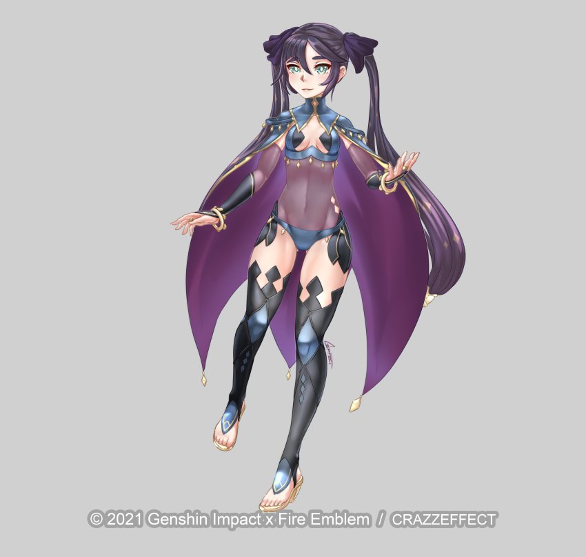 1girl absurdres alternate_costume artist_name blue_eyes blue_panties bodystocking breasts cape cleavage copyright_name cosplay crazzeffect dark_mage_(fire_emblem_fates) female_focus fire_emblem fire_emblem_fates full_body genshin_impact grey_background highres medium_breasts mona_(genshin_impact) nintendo nyx_(fire_emblem) nyx_(fire_emblem)_(cosplay) open-toe_shoes panties purple_hair simple_background smile solo_focus thighhighs twintails underwear