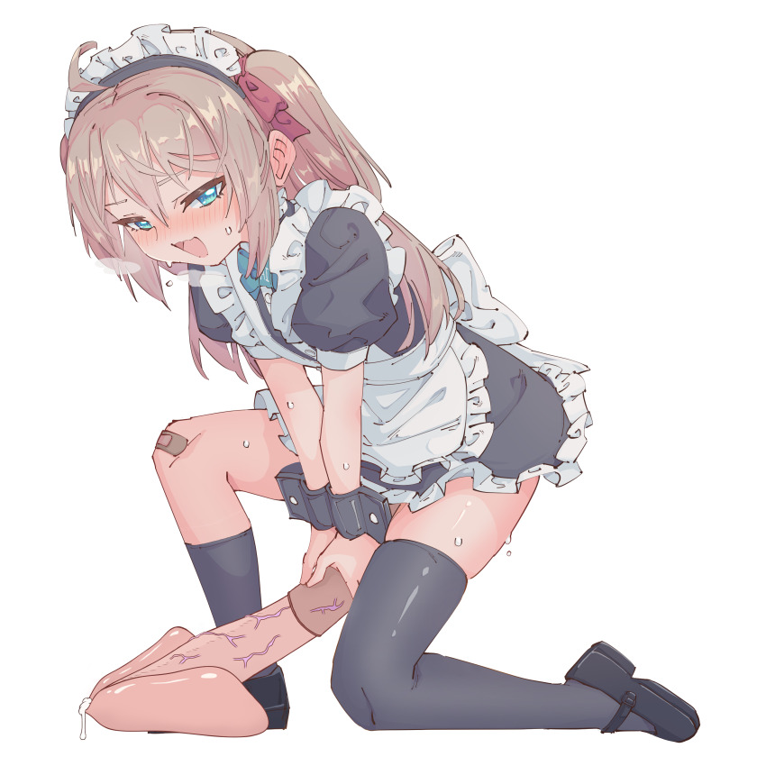 1futa absurdres apron bandaged_leg bandages blush breath brown_hair futanari highres huge_penis long_hair looking_at_viewer maid maid_apron maid_headdress neuro-sama on_one_knee penis precum short_sleeves short_twintails solo sweat thighhighs third-party_edit twintails veins veiny_penis white_background wrist_cuffs