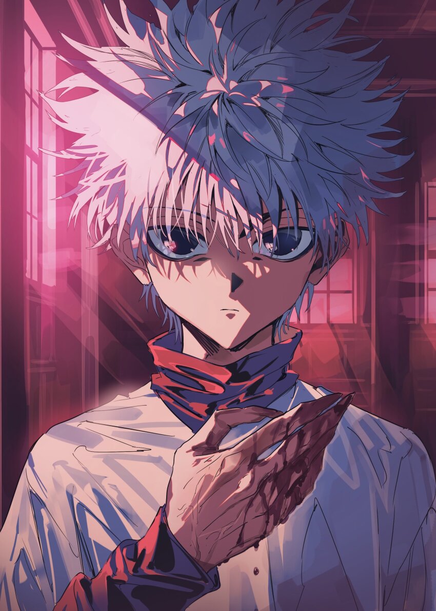 1boy absurdres bikkusama blood blood_on_hands expressionless fingernails highres hunter_x_hunter killua_zoldyck long_sleeves looking_at_viewer male_focus red_light sharp_fingernails short_hair solo straight-on togashi_yoshihiro_(style) tsurime upper_body window_shadow