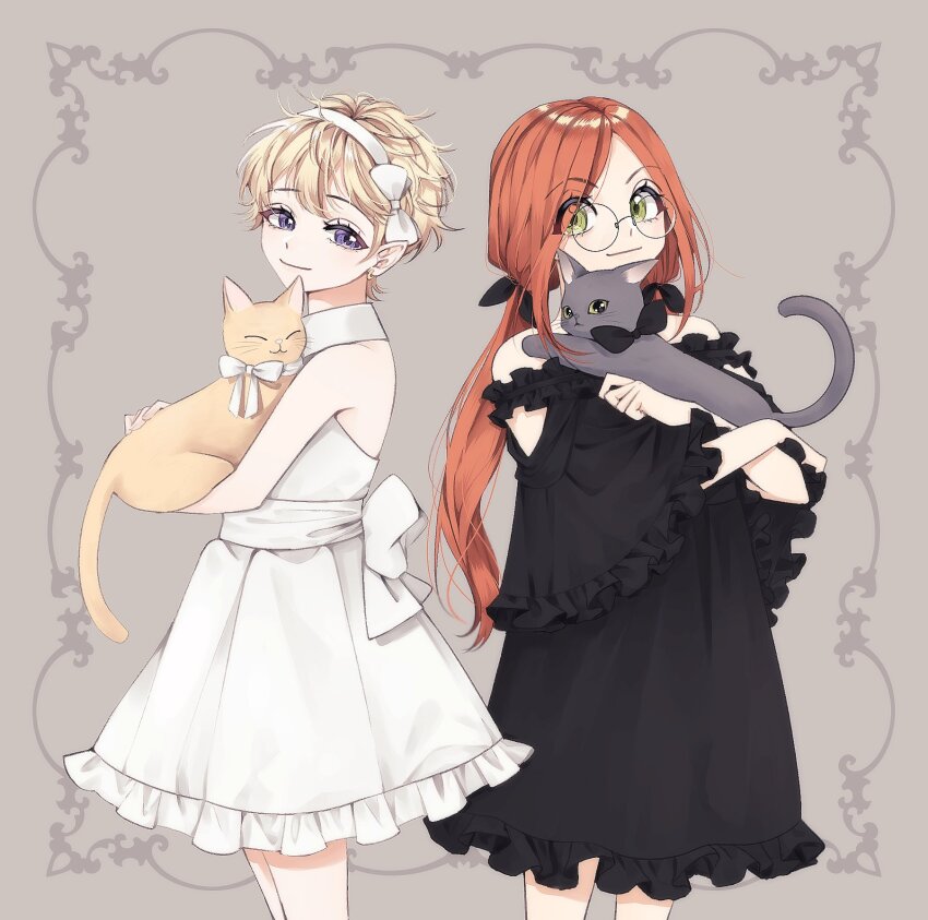 2girls ^_^ animal black_dress blonde_hair cat chocolat_meilleure closed_eyes closed_mouth commentary_request cowboy_shot dress glasses green_eyes grey_background hairband halter_dress halterneck headband highres holding holding_animal looking_at_viewer multiple_girls naha_(1117_71) orange_hair profile purple_eyes short_hair simple_background sugar_sugar_rune twintails vanilla_mieux whiskers white_dress