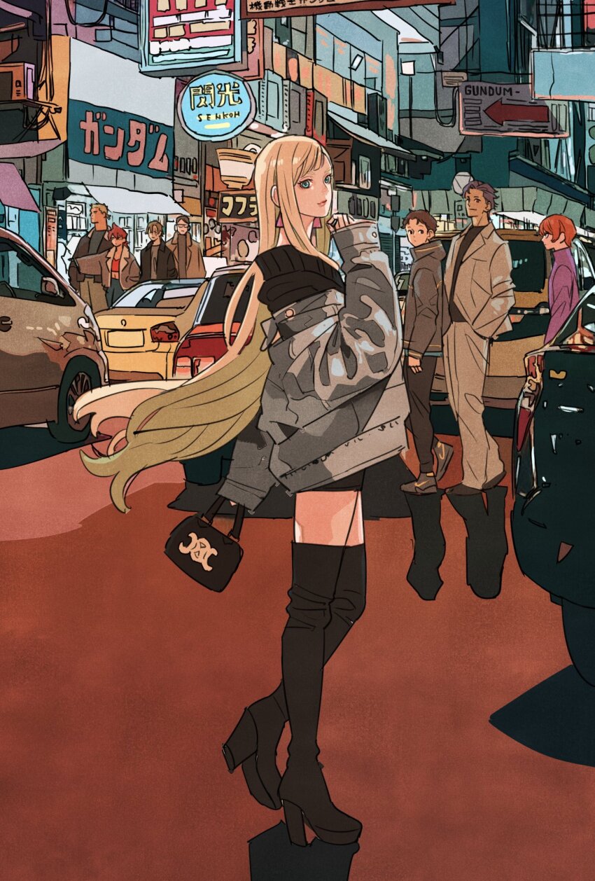 2girls 6+boys bag black_footwear blonde_hair blue_eyes boots brown_hair car commentary_request earrings emerelda_zubin eyeshadow full_body gigi_andalusia gundam gundam_hathaway&#039;s_flash hands_in_pockets hathaway_noa high_heel_boots high_heels highres holding holding_bag iram_masam jacket jewelry kenneth_sleg lane_aim long_hair makeup motor_vehicle multiple_boys multiple_girls short_hair takeuchi_ryousuke thigh_boots