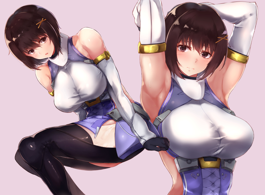 1girl alice_gear_aegis arm_behind_head arm_up armpits bare_shoulders blush breasts brown_eyes brown_hair cleavage closed_mouth clothing_cutout cowboy_shot elbow_gloves gloves hair_ornament highres large_breasts looking_at_viewer open_mouth presenting_armpit puru_(ex-150) short_hair simple_background skirt solo suga_itsuri x_hair_ornament