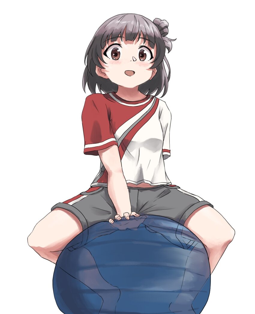 1girl arm_support ball barefoot black_hair brown_eyes commentary exercise_ball flat_chest grey_shorts gym_uniform highres idolmaster idolmaster_million_live! idolmaster_million_live!_theater_days legs lesson_wear_(idolmaster_million_live!) light_blush looking_at_viewer nakatani_iku open_mouth red_shirt see-through_ball shirt short_hair short_sleeves shorts simple_background smile solo specinef thighs two-tone_shirt white_background white_shirt