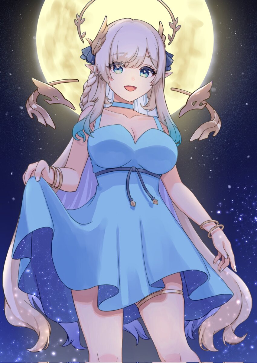 1girl blue_dress blue_eyes blue_ribbon bracelet braid breasts cleavage collarbone corrupted_twitter_file dress full_moon grey_hair hair_ribbon halo highres hikanari_hina hosikawa_eruna jewelry long_hair moon night night_sky open_mouth phase_connect ribbon second-party_source skirt_hold sky solo sparkling_eyes thighlet virtual_youtuber wing_hair_ornament