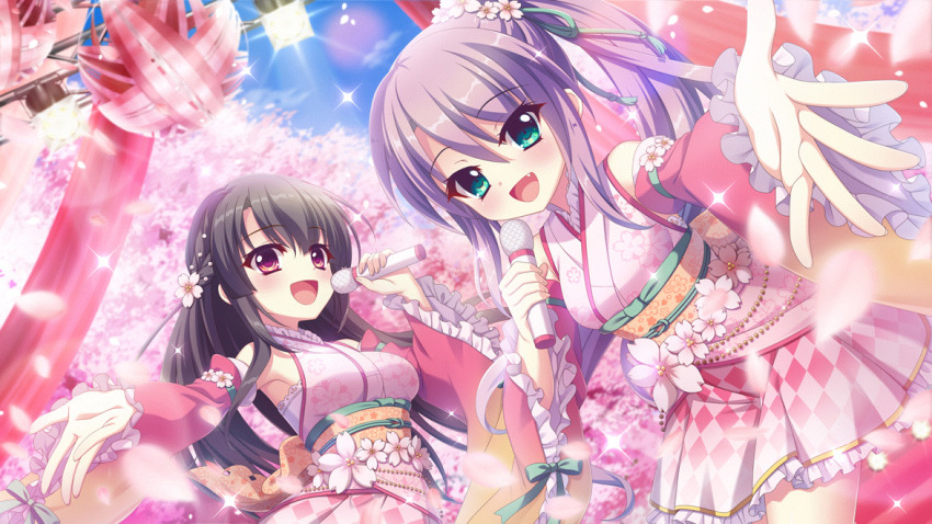 2girls :d aqua_eyes black_hair blue_sky blurry blurry_background blurry_foreground blush breasts cloud concert day dot_nose falling_petals fang film_grain floral_print floral_print_kimono flower frilled_kimono frills from_below game_cg hair_flower hair_ornament high_ponytail holding holding_microphone ichikishima_mizuha izumi_tsubasu japanese_clothes kimono lens_flare long_hair looking_at_viewer medium_breasts microphone multiple_girls non-web_source obi official_art open_mouth outdoors outstretched_arm outstretched_hand petals pink_flower pink_kimono pink_petals print_kimono purple_eyes purple_hair re:stage! reaching reaching_towards_viewer sash sidelocks sky smile sparkle stage_lights tsukisaka_sayu