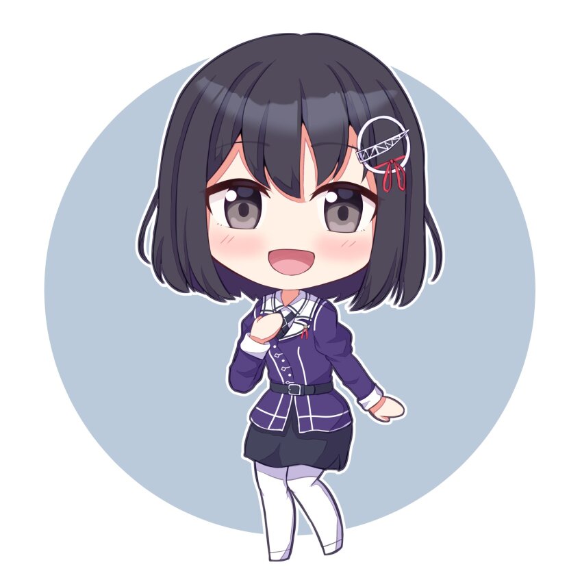 1girl black_hair black_skirt chibi circle full_body haguro_(kancolle) haguro_kai_ni_(kancolle) hair_ornament hand_on_own_chest highres jacket kantai_collection kominato_haru military_uniform no_nose pantyhose pencil_skirt purple_jacket short_hair skirt smile solo two-tone_background white_pantyhose