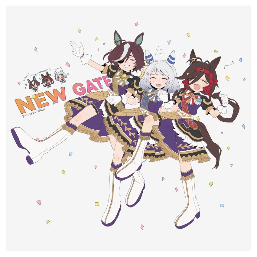 3girls animal_ears boots bow brown_hair closed_eyes ear_covers ear_ornament eyepatch gate_of_infinity_(umamusume) gloves grey_hair gun hair_between_eyes hair_ornament hair_over_one_eye hairband handgun headband highres hishi_miracle_(umamusume) horse_ears horse_girl horse_tail kamijihoshiko knee_boots leg_lift long_hair medium_hair multicolored_hair multiple_girls no_reason_(umamusume) open_mouth short_hair skirt smile streaked_hair tail tanino_gimlet_(umamusume) umamusume weapon white_background white_footwear white_gloves white_hair yellow_eyes