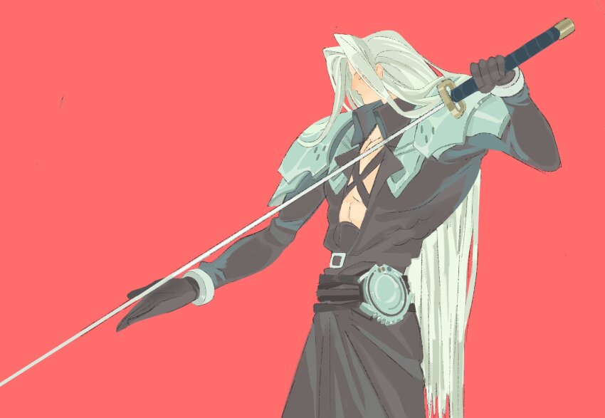 1boy armor bangle belt belt_buckle black_belt black_coat black_gloves bracelet buckle chest_strap closed_eyes coat final_fantasy final_fantasy_vii final_fantasy_vii_rebirth final_fantasy_vii_remake gloves grey_hair highres holding holding_sword holding_weapon jaysoysaucee jewelry long_bangs long_coat long_hair long_sleeves male_focus masamune_(ff7) parted_bangs red_background sephiroth shoulder_armor solo sword weapon