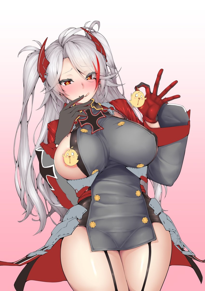 1girl :p antenna_hair areola_slip azur_lane bad_id bad_twitter_id black_gloves blush breasts buttons censored censored_nipples convenient_censoring covered_erect_nipples cross eyes_visible_through_hair garter_straps gloves hair_between_eyes hand_to_own_mouth hand_up headgear highres iron_cross large_breasts long_hair long_sleeves looking_at_viewer manjuu_(azur_lane) miso_tanuki mole mole_on_breast multicolored_hair nipple_slip nipples orange_eyes prinz_eugen_(azur_lane) red_hair silver_hair solo standing streaked_hair swept_bangs thighhighs tongue tongue_out two_side_up very_long_hair wide_sleeves