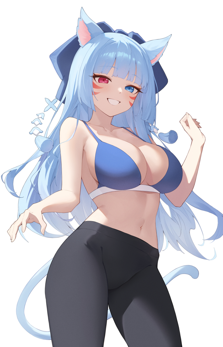 1girl absurdres animal_ears bare_arms bare_shoulders bikini bikini_top_only black_pants blue_bikini blue_eyes blue_hair bow breasts cat_ears cat_girl cat_tail cleavage commission contrapposto cowboy_shot facial_mark grin hair_bow hand_up highres large_breasts long_hair looking_at_viewer navel original pants pixiv_commission red_eyes simple_background smile solo standing stomach string_bikini sukaliya swimsuit tail tassel very_long_hair white_background