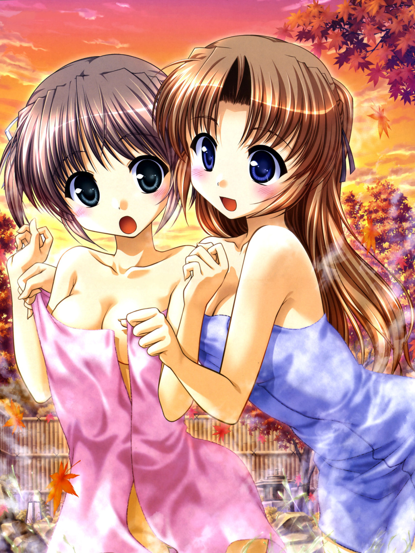 2girls asagiri_mai bekkankou blue_eyes blush breasts brown_hair cleavage from_behind green_eyes highres leaf long_hair maple_leaf medium_breasts multiple_girls naked_towel onsen outdoors short_hair takamizawa_natsuki towel twintails yoake_mae_yori_ruri_iro_na