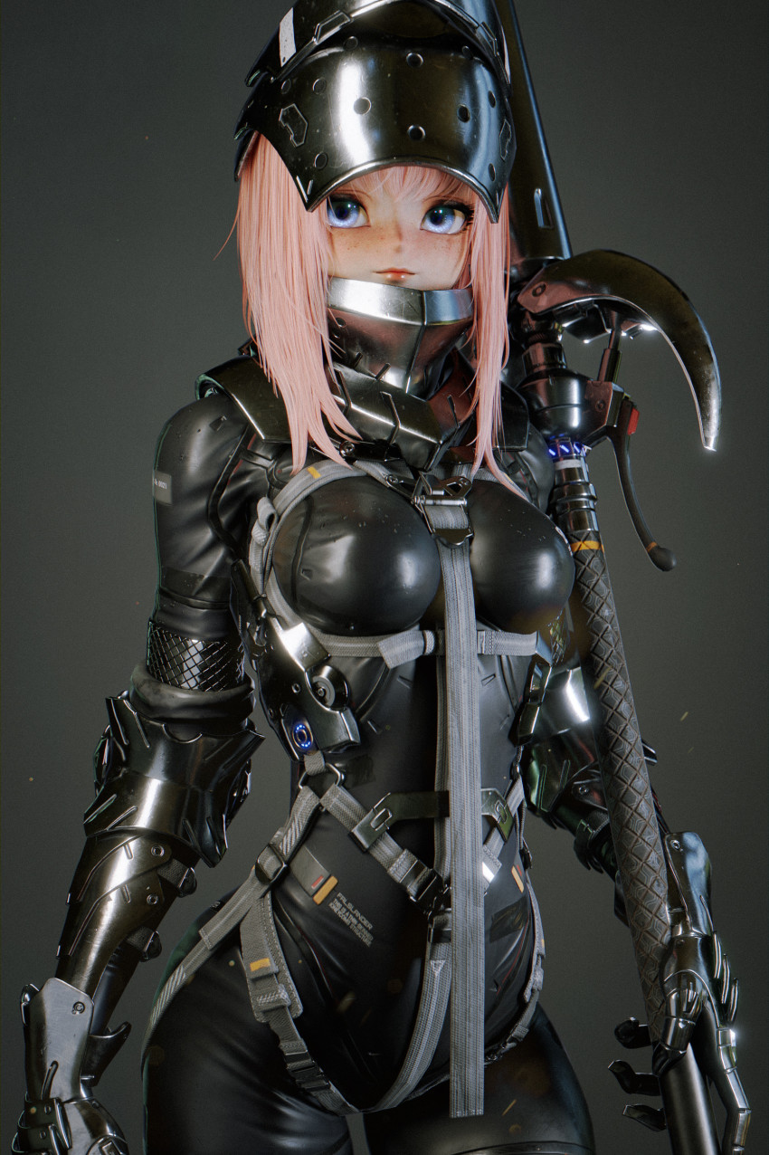 1girl 3d absurdres armor black_bodysuit blender_(medium) blue_eyes bodysuit breasts changgon_shin falslander gauntlets helmet highres holding holding_weapon lanze_reiter_(neco) lips pink_hair polearm smile solo standing weapon