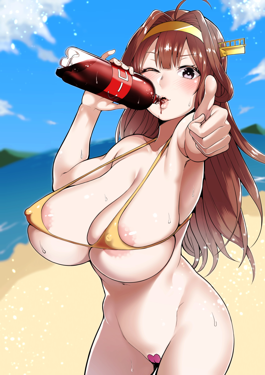 10s 1girl absurdres ahoge areola_slip beach bikini bikini_top_only blue_sky blush bottomless breasts brown_eyes brown_hair coca-cola covered_erect_nipples cowboy_shot day double_bun drinking female_focus foreshortening hair_bun hair_intakes hairband headdress headgear highres huge_breasts kantai_collection kayumidome kongou_(kancolle) large_areolae lips long_hair looking_at_viewer maebari one_eye_closed outdoors skindentation sky smile soda_bottle solo sweat swimsuit thumbs_up wet yellow_bikini