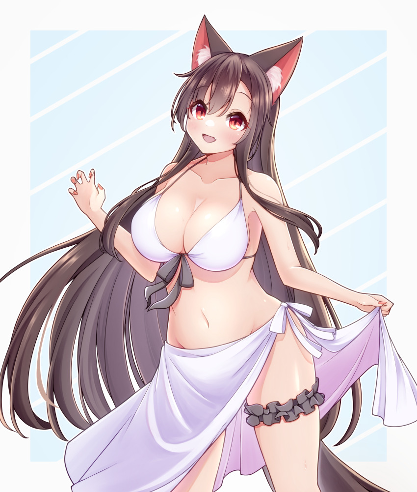 1girl alternate_costume animal_ear_fluff animal_ears bikini breasts bridal_garter brown_hair cleavage commentary_request hashi2387 highres imaizumi_kagerou large_breasts long_hair looking_at_viewer midriff navel open_mouth red_eyes sarong smile solo swimsuit tail touhou very_long_hair white_bikini white_sarong wolf_ears wolf_girl wolf_tail