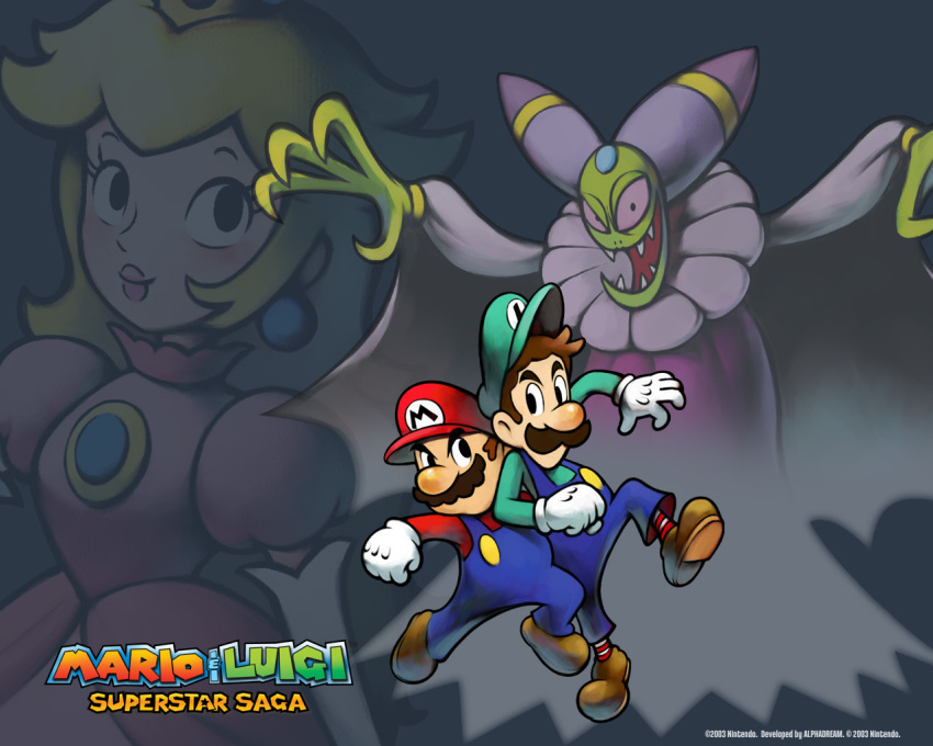 2boys 2girls blonde_hair boots brothers cackletta clenched_hand crown dress earrings elbowing facial_hair gem gloves hard-translated hat jewelry luigi mario mario_&amp;_luigi_rpg mario_(series) multiple_boys multiple_girls mustache nintendo official_art official_wallpaper princess princess_peach siblings super_mario_bros._1 superstar_saga suspenders third-party_edit title translated