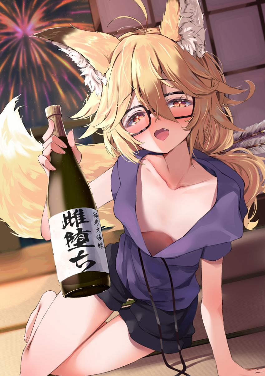 1girl absurdres aerial_fireworks animal_ears arm_support barefoot black-framed_eyewear black_shorts blonde_hair blurry blurry_background blush bottle breasts collarbone commentary_request commission depth_of_field downblouse fireworks fox_ears fox_girl fox_tail glasses hair_between_eyes highres holding holding_bottle indoors long_hair looking_at_viewer nose_blush nyahu_(nyahu_77) original purple_shirt red_eyes sake_bottle shirt short_shorts short_sleeves shorts sitting skeb_commission small_breasts solo tail tatami