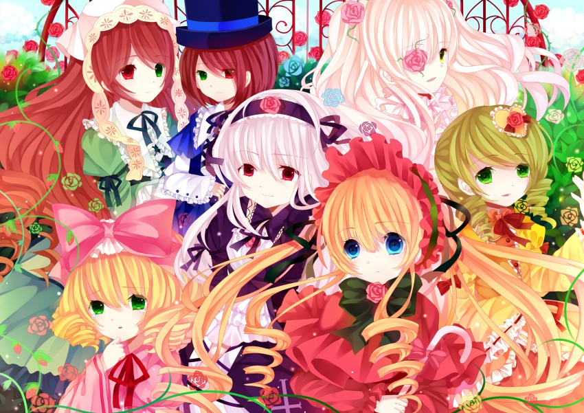 6+girls :d blonde_hair blue_eyes bow brown_hair drill_hair female_focus flower gothic_lolita green_eyes green_hair hair_bow hair_ornament hair_ribbon hairband hat heterochromia highres hinaichigo kanaria kirakishou lolita_fashion lolita_hairband long_hair looking_at_viewer moseley multiple_girls open_mouth red_eyes ribbon rose rozen_maiden shinku short_hair silver_hair smile souseiseki suigintou suiseiseki top_hat twin_drills twintails