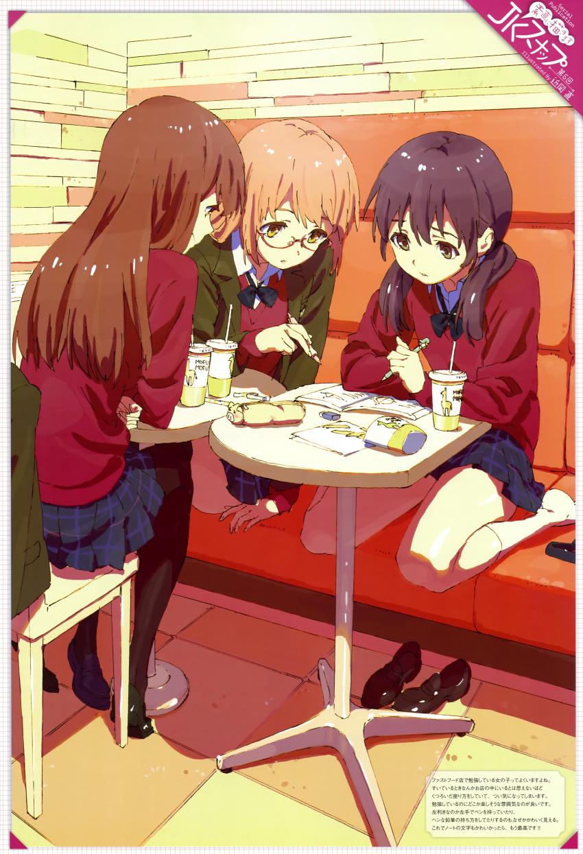 3girls absurdres blazer booth_seating brown_hair chikaoka_sunao drink glasses highres jacket legs loafers long_hair megami_magazine multiple_girls non-web_source orange_hair pantyhose plaid_clothes plaid_skirt school_uniform shoes short_hair skirt socks sweater table twintails unworn_shoes yellow_eyes