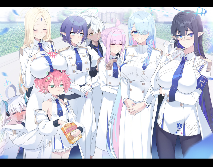 6+girls absurdly_long_hair absurdres adjusting_eyewear ahoge aoi_(blue_archive) ayumu_(blue_archive) black_hair blonde_hair blue_archive blue_eyes blue_hair blue_halo braid breast_rest breasts breasts_on_head chips_(food) closed_mouth colored_inner_hair commentary_request crying dress eating flat_chest food forehead_jewel general_student_council_president_(blue_archive) giga-tera glasses green_eyes haine_(blue_archive) hair_over_one_eye halo highres jacket kaya_(blue_archive) large_breasts letterboxed long_hair long_sleeves looking_at_viewer medium_hair momoka_(blue_archive) multicolored_hair multiple_girls necktie pink_hair rin_(blue_archive) single_braid skirt sleeveless smile sumomo_(blue_archive) sweatdrop two-tone_hair very_long_hair white_dress white_hair white_skirt yellow_eyes