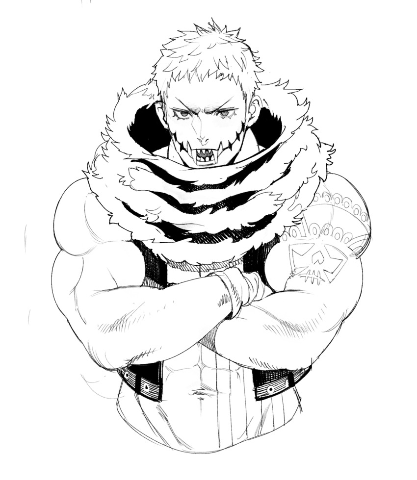 1boy abs arm_tattoo biceps charlotte_katakuri conto cropped_torso crossed_arms facial_tattoo fangs fur_scarf greyscale highres male_focus monochrome navel one_piece open_clothes open_vest short_hair simple_background sketch solo stomach_tattoo tattoo toned toned_male tusks very_short_hair vest