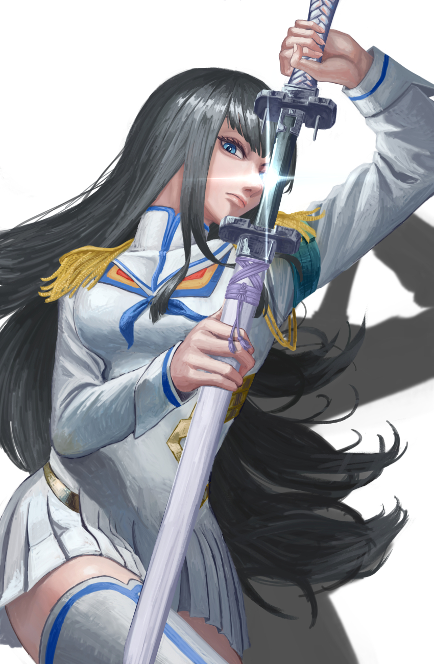 1girl absurdres bakuzan black_hair blue_eyes blue_neckerchief blue_sailor_collar boots breasts cowboy_shot drawing_sword epaulettes highres holding holding_sword holding_weapon junketsu kill_la_kill kiryuuin_satsuki large_breasts long_hair long_sleeves neckerchief pleated_skirt ryo_(r9030397) sailor_collar school_uniform shadow simple_background skirt solo sword thigh_boots weapon white_background white_footwear