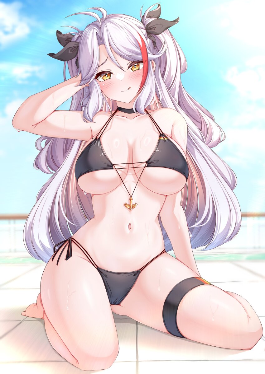 1girl absurdres antenna_hair arm_behind_head arm_up azur_lane bare_arms bare_legs bare_shoulders barefoot bikini black_bikini black_choker black_ribbon breasts choker collarbone commentary_request full_body gluteal_fold grey_hair groin hair_ribbon highres large_breasts long_hair looking_at_viewer moyoron multicolored_hair navel parted_bangs prinz_eugen_(azur_lane) prinz_eugen_(unfading_smile)_(azur_lane) red_hair ribbon skindentation solo streaked_hair swimsuit thigh_strap tile_floor tiles two_side_up very_long_hair