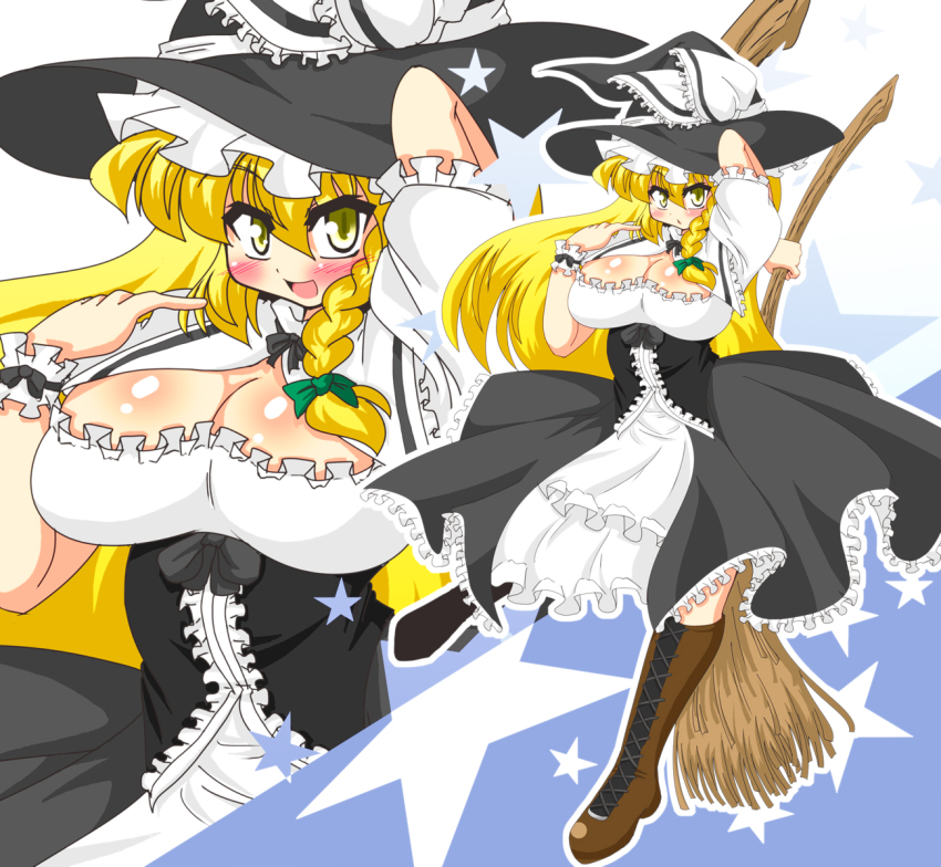 1girl akasode_(tyaramu) blonde_hair blush boots braid breasts broom cleavage dress female_focus hat highres kirisame_marisa large_breasts long_hair long_skirt skirt solo standing touhou very_long_hair white_background witch witch_hat yellow_eyes