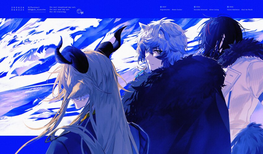 1girl 2boys 6546hr_o0 absurdres animal_ears arknights black_coat black_hair blonde_hair blue_jacket coat colored_tips commentary degenbrecher_(arknights) fur-trimmed_coat fur_trim gnosis_(arknights) goat_ears goat_girl goat_horns grey_eyes grey_hair highres horns jacket letterboxed long_hair looking_afar looking_at_viewer looking_back mountain multicolored_hair multiple_boys red_hair serious short_hair silverash_(arknights) streaked_hair symbol-only_commentary twitter_username upper_body white_coat