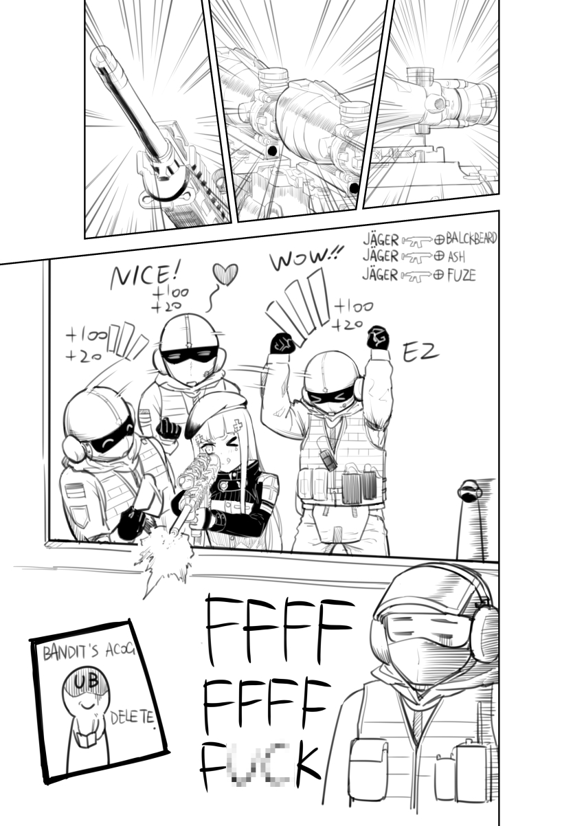 &gt;_&lt; 1girl 3boys 625214684 absurdres assault_rifle bulletproof_vest cheering comic covered_mouth english_text firing gameplay_mechanics girls&#039;_frontline greyscale gun h&amp;k_hk416 highres hk416_(girls&#039;_frontline) long_sleeves monochrome monochrome multiple_boys one_eye_closed rainbow_six_siege rifle weapon