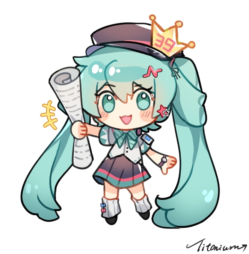 +++ 1girl :d artist_name black_footwear black_hat black_skirt bow bowtie cabbie_hat chibi crown_hat_ornament full_body green_bow green_bowtie green_eyes green_hair hair_ornament hat hatsune_miku holding holding_paper long_hair looking_at_viewer loose_socks miniskirt open_mouth paper paper_roll shirt short_sleeves signature skirt smile socks solo standing star_(symbol) star_hair_ornament titaniumtai transparent_background twintails very_long_hair vocaloid watch white_shirt white_socks