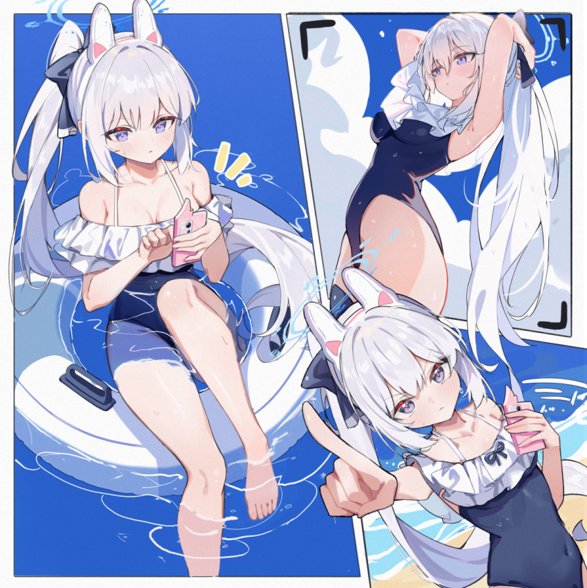 1girl animal_ears armpits arms_behind_head arms_up barefoot blue_archive blue_halo blue_one-piece_swimsuit breasts casual_one-piece_swimsuit cellphone closed_mouth covered_navel etoile fake_animal_ears feet foot_out_of_frame frilled_one-piece_swimsuit frills halo holding holding_phone knee_up legs long_hair looking_at_phone looking_at_viewer miyako_(blue_archive) miyako_(swimsuit)_(blue_archive) off-shoulder_one-piece_swimsuit off_shoulder official_alternate_costume on_innertube one-piece_swimsuit phone ponytail purple_eyes rabbit_ears small_breasts smartphone solo swimsuit toes white_hair white_innertube