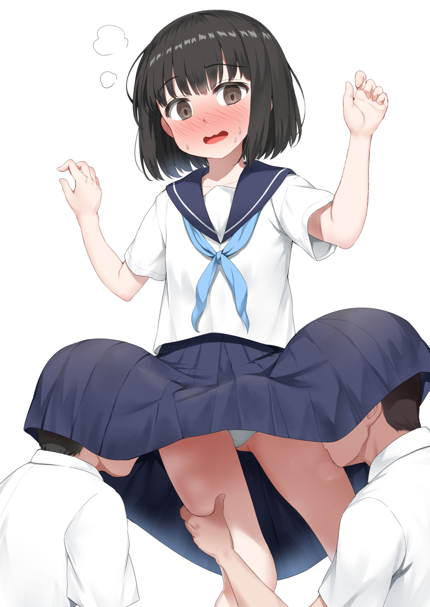 1girl 2boys absurdres averting_eyes black_eyes black_hair blue_neckerchief blue_sailor_collar blue_skirt blush bob_cut clothes_lift curled_fingers embarrassed hands_up head_under_another&#039;s_clothes head_under_skirt highres holding_another&#039;s_leg multiple_boys neckerchief nedia_(nedia_region) nose_blush open_mouth original panties pantyshot pleated_skirt sailor_collar school_uniform serafuku shirt short_hair short_sleeves simple_background skirt skirt_lift solo_focus standing sweat thighs under_another&#039;s_clothes underwear upskirt w_arms wavy_mouth white_background white_panties white_serafuku white_shirt