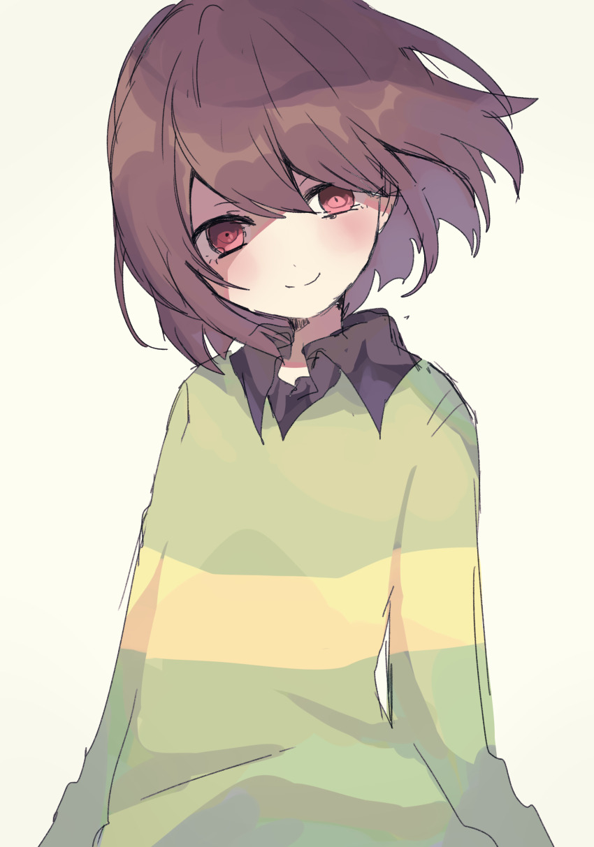 1other absurdres arms_at_sides blush bob_cut brown_hair chara_(undertale) closed_mouth collared_shirt dot_nose green_sweater hair_between_eyes head_tilt highres long_sleeves looking_at_viewer marueri other_focus partially_shaded_face red_eyes shirt short_hair simple_background smile solo striped_clothes striped_sweater sweater two-tone_sweater undertale upper_body yellow_background yellow_sweater