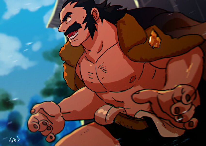 1boy amu_(omoro3bot) architecture bara bare_pectorals black_eyes black_hair blurry blurry_background coat creatures_(company) cropped_legs curled_fingers east_asian_architecture facial_hair fur-trimmed_coat fur_trim game_freak hair_tuft highres japanese_clothes kamado_(pokemon) male_focus mature_male medium_hair mustache nintendo nipples pectorals pokemon pokemon_legends:_arceus thick_eyebrows