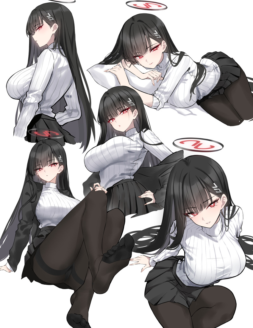 1girl absurdres black_hair black_jacket black_pantyhose black_skirt blue_archive breasts closed_mouth feet hair_ornament hairclip halo highres jacket large_breasts long_hair long_sleeves looking_at_viewer lying multiple_views open_clothes open_jacket pantyhose parted_lips pillow pleated_skirt red_eyes rio_(blue_archive) shigure_s simple_background skirt smile soles sweater sweater_tucked_in thighband_pantyhose thighs turtleneck turtleneck_sweater white_background white_sweater