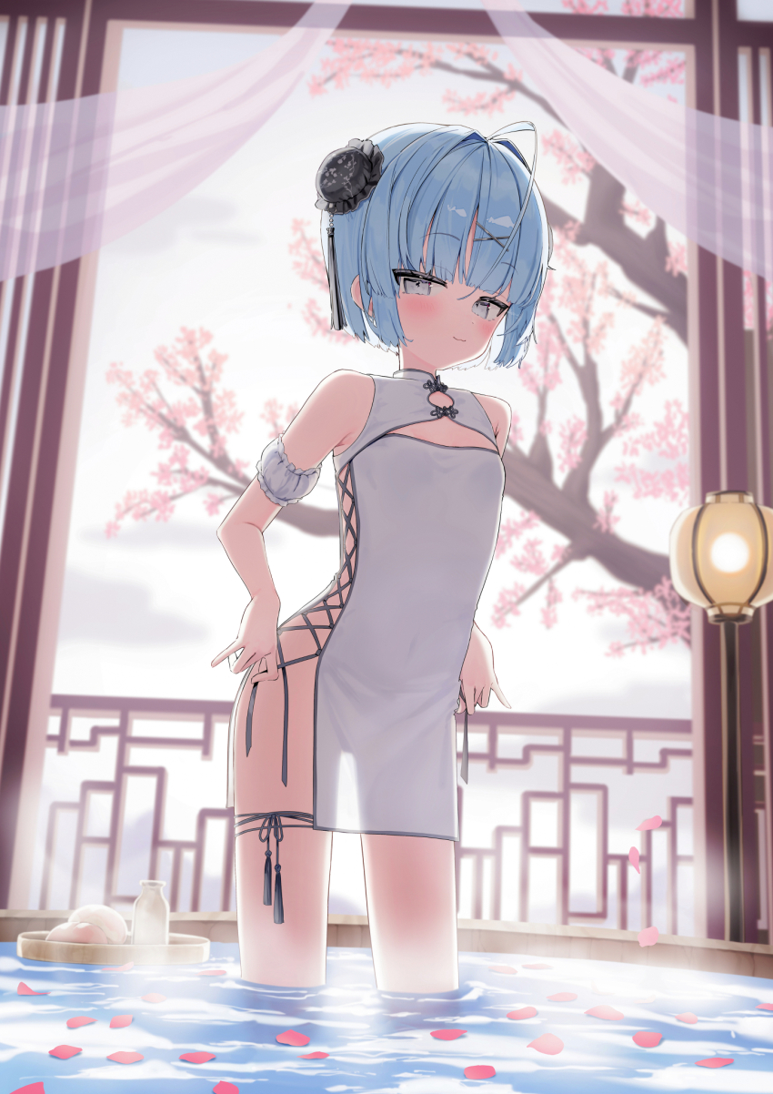 1girl :3 ahoge arm_garter armpit_crease backlighting baozi bare_shoulders blue_eyes blue_hair blunt_bangs blurry blurry_background blush bottle bun_cover cherry_blossoms china_dress chinese_clothes closed_mouth commentary covered_navel day depth_of_field dress feet_out_of_frame flat_chest food hair_ornament half-closed_eyes highres holding holding_string huge_ahoge indoors koyubita lamp leaning_forward looking_at_viewer milk_bottle onsen original pelvic_curtain petals petals_on_liquid pussy see-through_clothes see-through_dress see-through_silhouette short_hair side_slit solo standing steam string symbol-only_commentary tassel tassel_hair_ornament three_quarter_view wading water white_dress wooden_bathtub x_hair_ornament