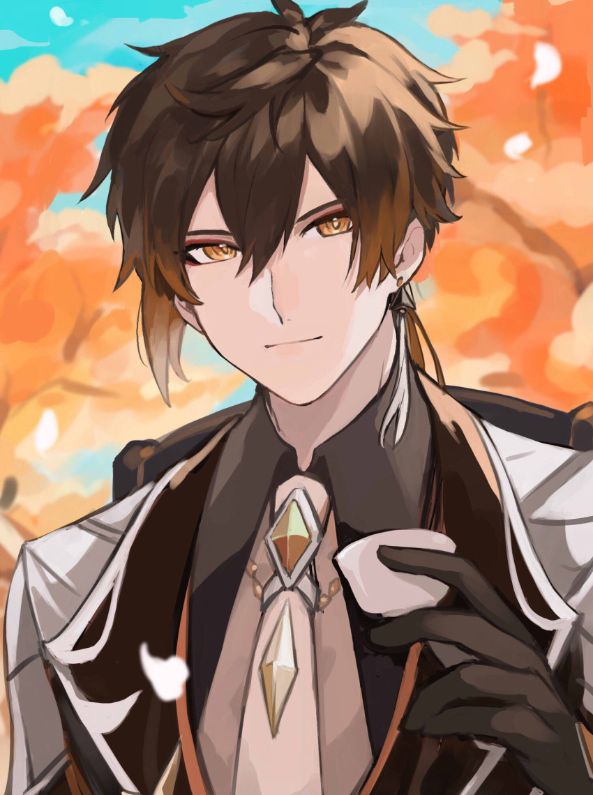 1boy arisuke_(natuyan) black_gloves black_hair blurry blurry_background brown_hair chair closed_mouth collared_shirt cup earrings eyeshadow formal_clothes genshin_impact gloves gradient_hair hair_between_eyes highres holding holding_cup jacket jewelry long_hair long_sleeves looking_at_viewer makeup male_focus multicolored_hair necktie petals red_eyeshadow shirt single_earring smile solo suit tassel tassel_earrings teacup tree yellow_eyes zhongli_(genshin_impact)