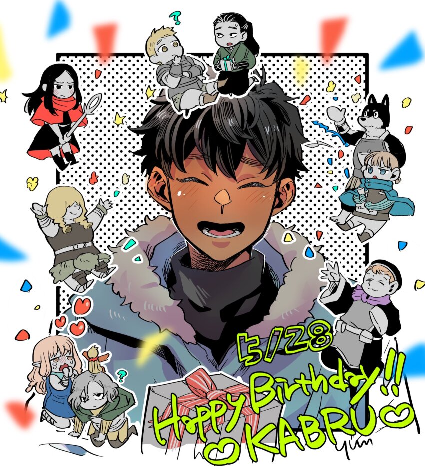 3girls 6+boys armor black_hair blue_coat box chibi closed_eyes coat commentary_request confetti dark-skinned_male dark_skin dated dia_(dungeon_meshi) dog_boy dungeon_meshi dwarf elf english_text facing_viewer fur-trimmed_hood fur_trim furry furry_male gift gift_box gnome happy_birthday highres holding holding_gift holm_kranom hood hood_down hooded_coat kabru kuro_(dungeon_meshi) laios_touden mickbell_tomas milsiril_(dungeon_meshi) mithrun multiple_boys multiple_girls nishimura open_mouth pointy_ears rin_(dungeon_meshi) short_hair shurou signature