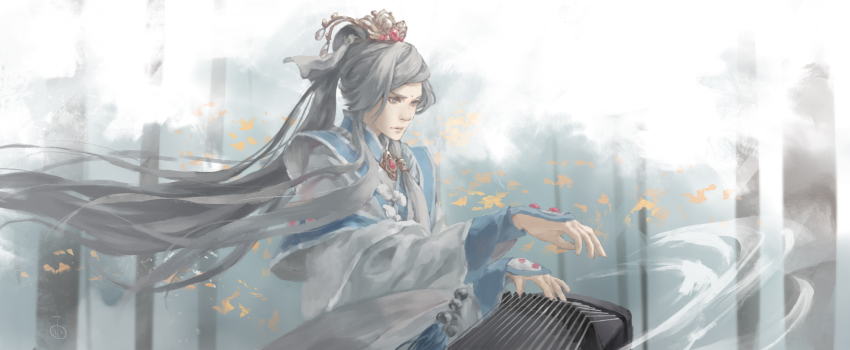 1other androgynous character_request cowboy_shot facial_mark folie_(cac82622) forehead_mark gradient_background grey_eyes grey_hair guzheng hair_tie highres instrument leaf long_hair male_focus multiple_tails music pili_budaixi playing_instrument robe solo standing striped_background tail tiara very_long_hair wind