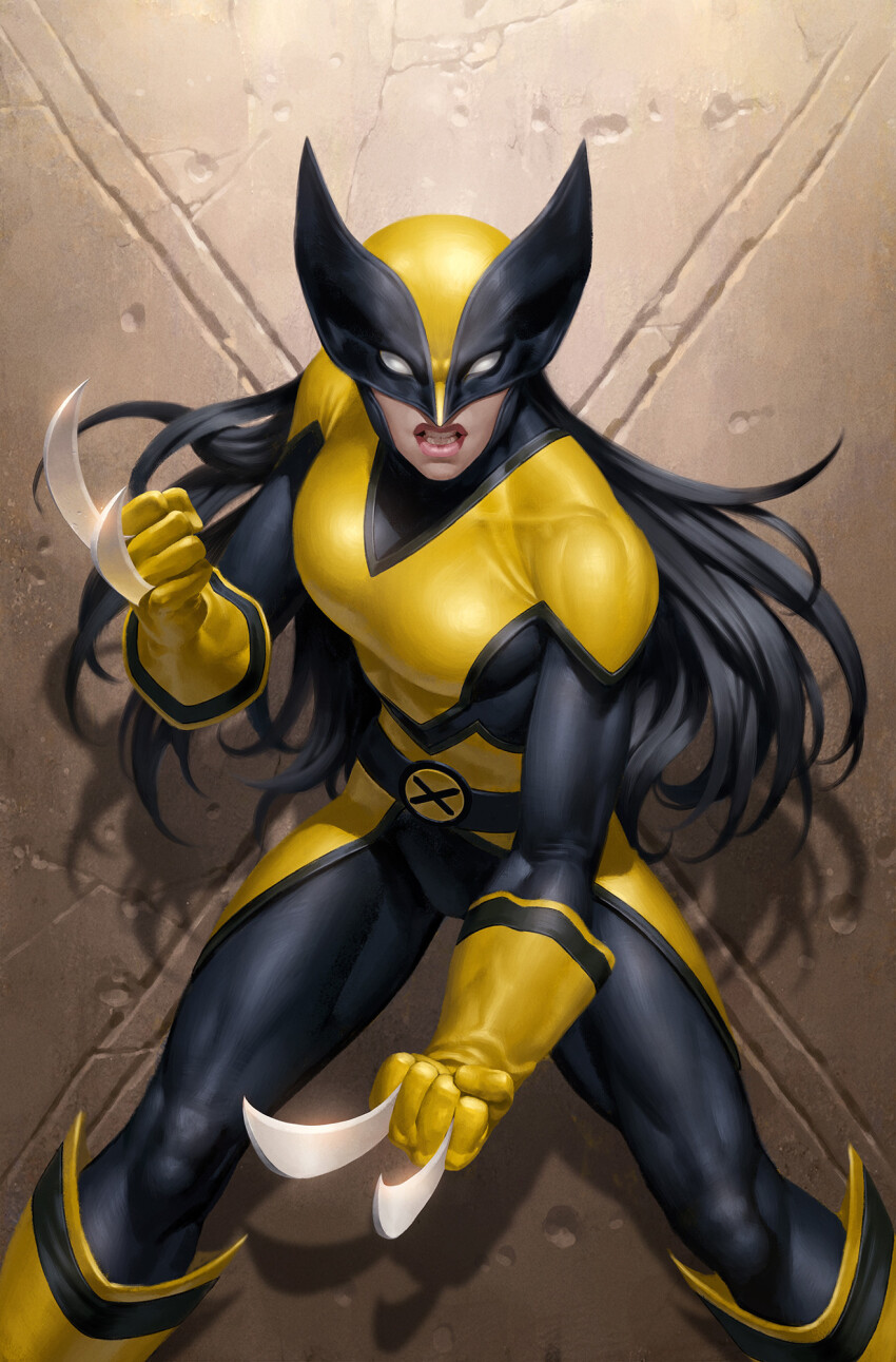 1girl black_bodysuit black_hair black_mask bodysuit claws clenched_hands gloves highres laura_kinney long_hair looking_at_viewer marvel mask solo standing stone_wall two-tone_bodysuit two-tone_mask wolverine_(x-men) x-23 x-men yellow_bodysuit yellow_gloves yellow_mask yoon_junggeun