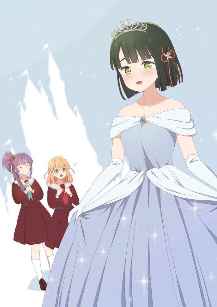 3girls aqua_eyes aqua_neckerchief black_hair blue_brooch blunt_bangs blunt_ends blush breasts brown_dress brown_footwear cinderella cinderella_(grimm) cinderella_(grimm)_(cosplay) cleavage collarbone commentary_request commission cosplay crossed_bangs dress dutch_angle elbow_gloves embarrassed flower flower_knot flying_sweatdrops glint gloves green_eyes grey_background grey_dress hair_bun hair_flower hair_ornament hasu_no_sora_school_uniform highres hinoshita_kaho kneehighs link!_like!_love_live! loafers long_hair long_sleeves love_live! makki_do medium_breasts medium_dress medium_hair momose_ginko multiple_girls neckerchief off-shoulder_dress off_shoulder orange_hair otomune_kozue pleated_dress purple_hair rabbit_hair_ornament red_flower red_neckerchief sailor_collar sailor_dress school_uniform shoes short_hair short_sleeves side_ponytail sidelocks single_side_bun skeb_commission skirt_hold socks solo_focus standing tiara two_side_up virtual_youtuber white_gloves white_sailor_collar white_socks white_tiara winter_uniform