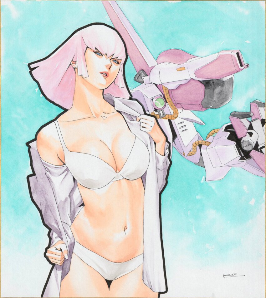 1girl blue_eyes bra breasts cleavage collared_shirt commentary cowboy_shot dress_shirt fingernails gaza-c gundam hair_between_eyes haman_karn head_tilt highres large_breasts legs_together lipstick long_fingernails looking_at_viewer makeup mecha medium_hair mobile_suit nail_polish navel no_pants off_shoulder open_clothes open_shirt opened_by_self panties parted_lips pink_hair red_lips robot science_fiction shikishi shirt signature single_bare_shoulder standing teeth thigh_gap toweling3 traditional_media underwear undressing white_bra white_nails white_panties white_shirt zeta_gundam