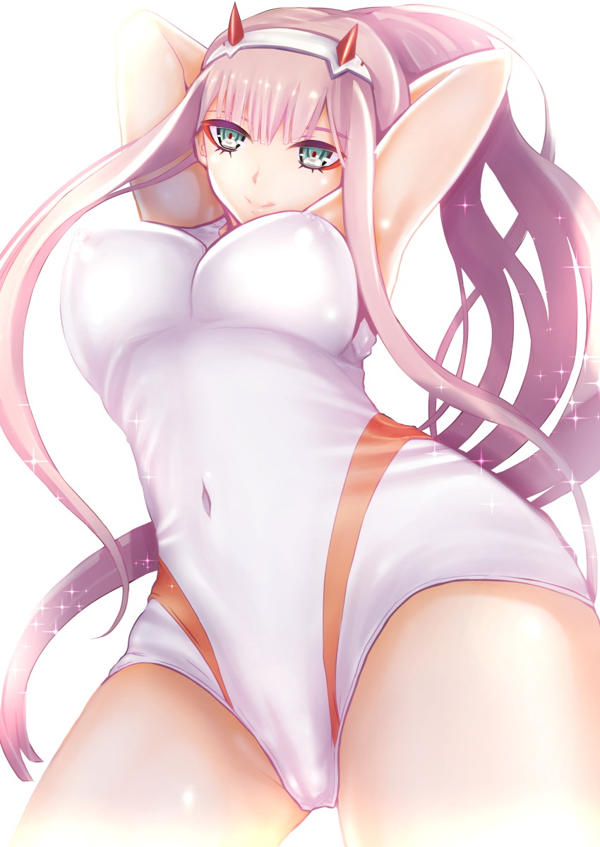 10s 1girl absurdres aqua_eyes armpits arms_behind_head arms_up breasts clothing_cutout covered_erect_nipples covered_navel darling_in_the_franxx eyeshadow female_focus hairband highres horns large_breasts long_hair looking_at_viewer makeup navel_cutout pink_hair smile solo straight_hair swimsuit teruru white_hairband zero_two_(darling_in_the_franxx)