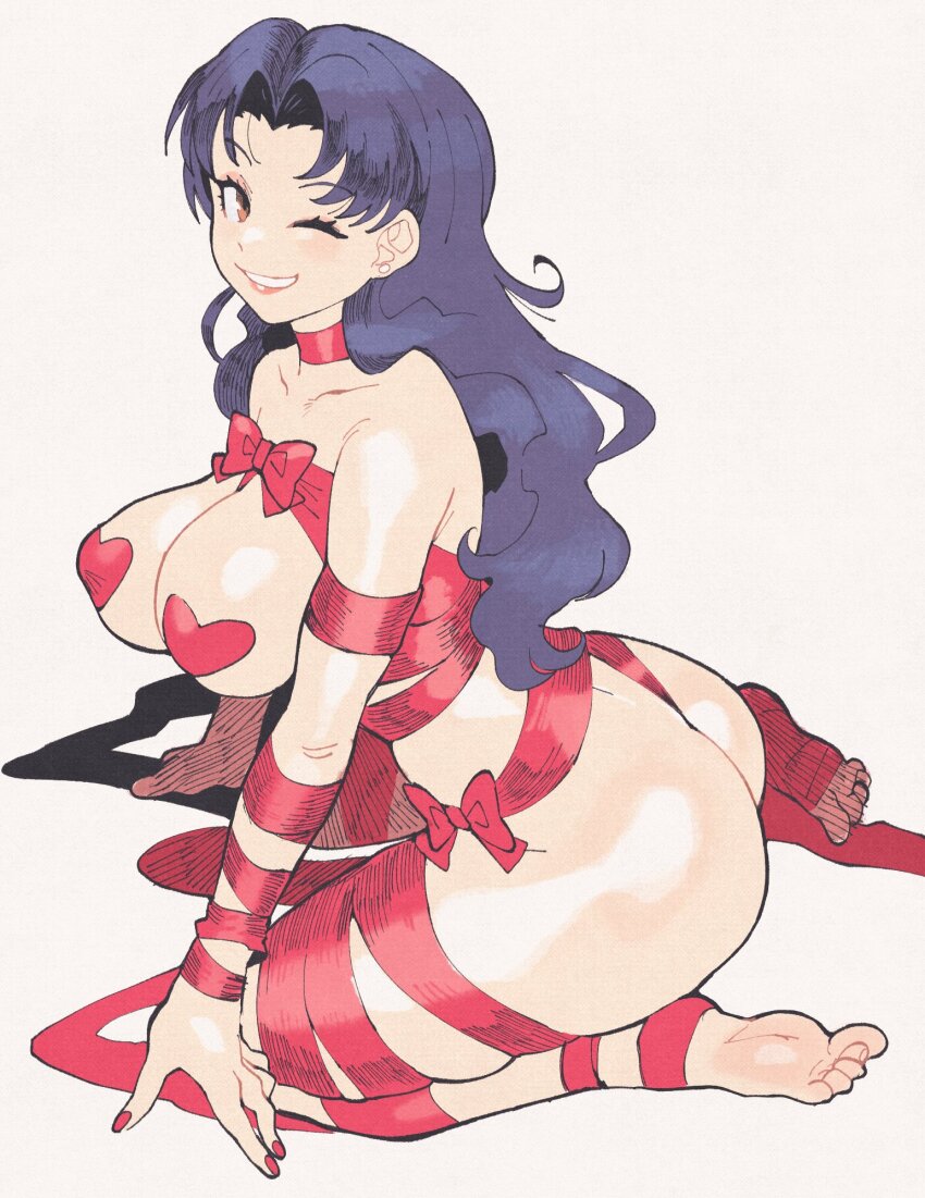 1girl ass bound breasts brown_eyes cleavage feet female_focus heart_pasties huge_ass inkerton-kun katsuragi_misato large_breasts lips long_hair looking_at_viewer mature_female naked_ribbon neon_genesis_evangelion nude one_eye_closed pasties purple_hair red_nails ribbon ribbon_bondage sitting smile solo wariza wink