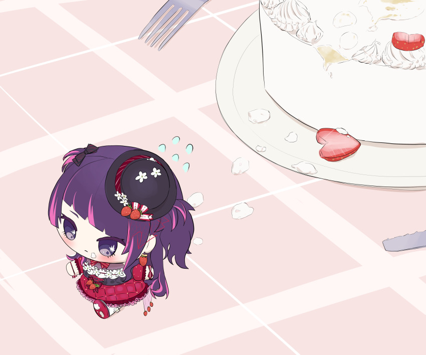 1girl artist_request black_hair blush cake carrot_hair_ornament chibi diagonal_bangs earrings expressionless eyelashes female_focus flying_sweatdrops food food-themed_hair_ornament food_on_face food_themed_earrings fork from_above fruit full_body gradient_hair hair_ornament hair_ribbon hat highres idol idolmaster idolmaster_shiny_colors jewelry knife long_hair long_sleeves looking_ahead mini_person minigirl multicolored_hair namco pendant purple_eyes purple_hair ribbon showgirl_skirt sidelocks skirt strawberry strawberry_earrings sweatdrop table tanaka_mamimi twintails walking